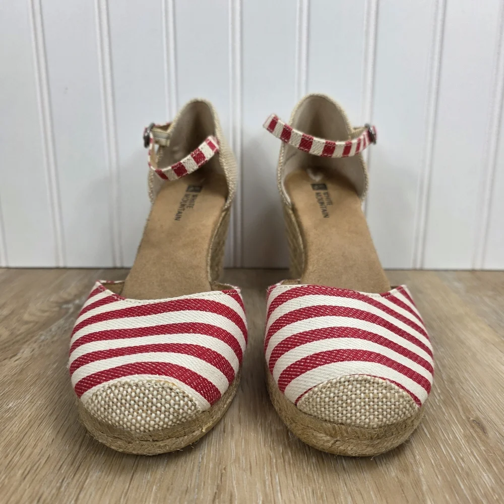 White Mountain Striped Red Espadrille Wedge Sandals